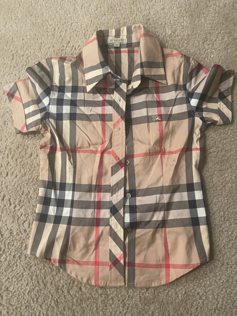 Burberry Beige Plaid Short Sleeve Button-Down Shirt